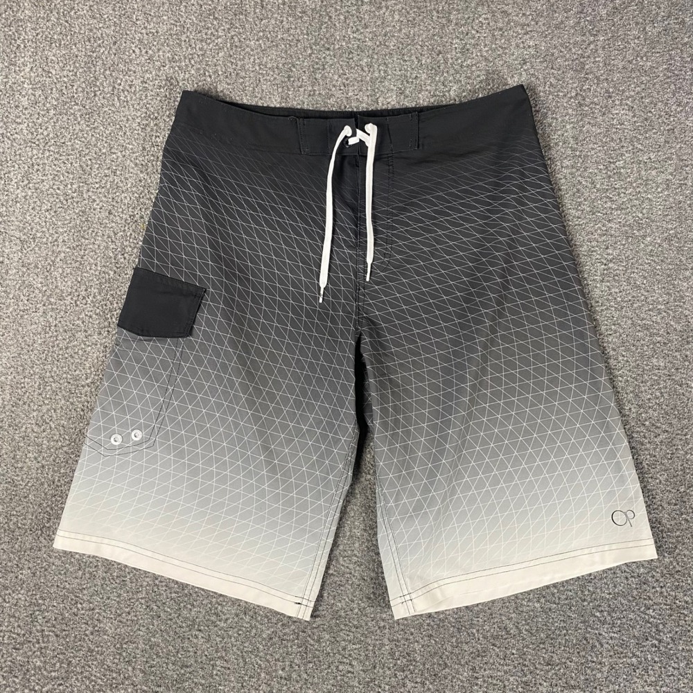 OP Mens Board Shorts 32 Black Geometric Gradient OPFLEX Stretch Swim Trunks